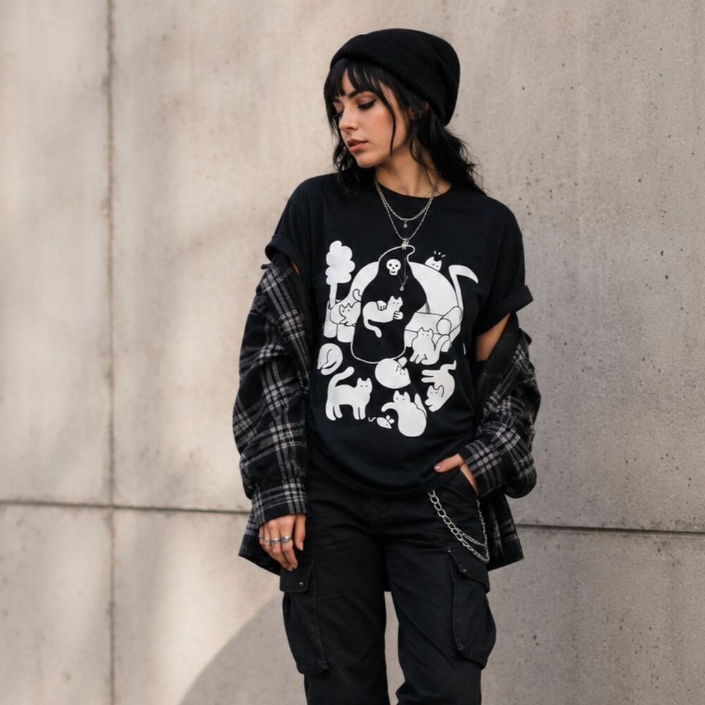 Hot Topic Grim Reaper Cat Graphic Tee Small Black Goth Kawaii Alt Shirt